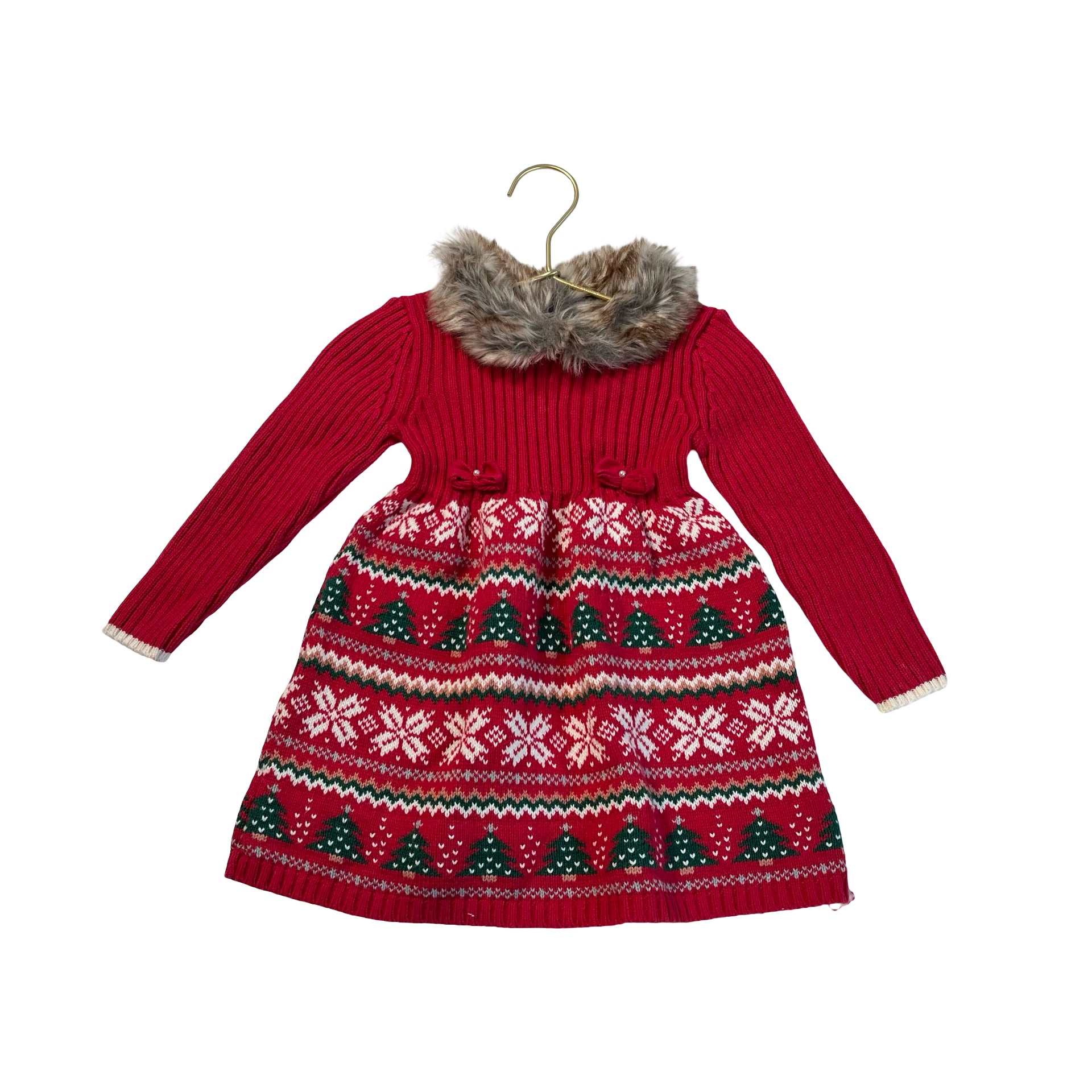 Tommy Bahama Red Christmas Sweater Dress, Faux Fur Collar - Size 24 Mo