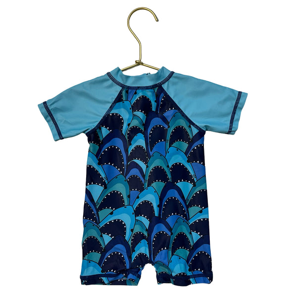 Andy & Evan Blue Shark Print Swim Suit Romper - Size 0-3 Mo