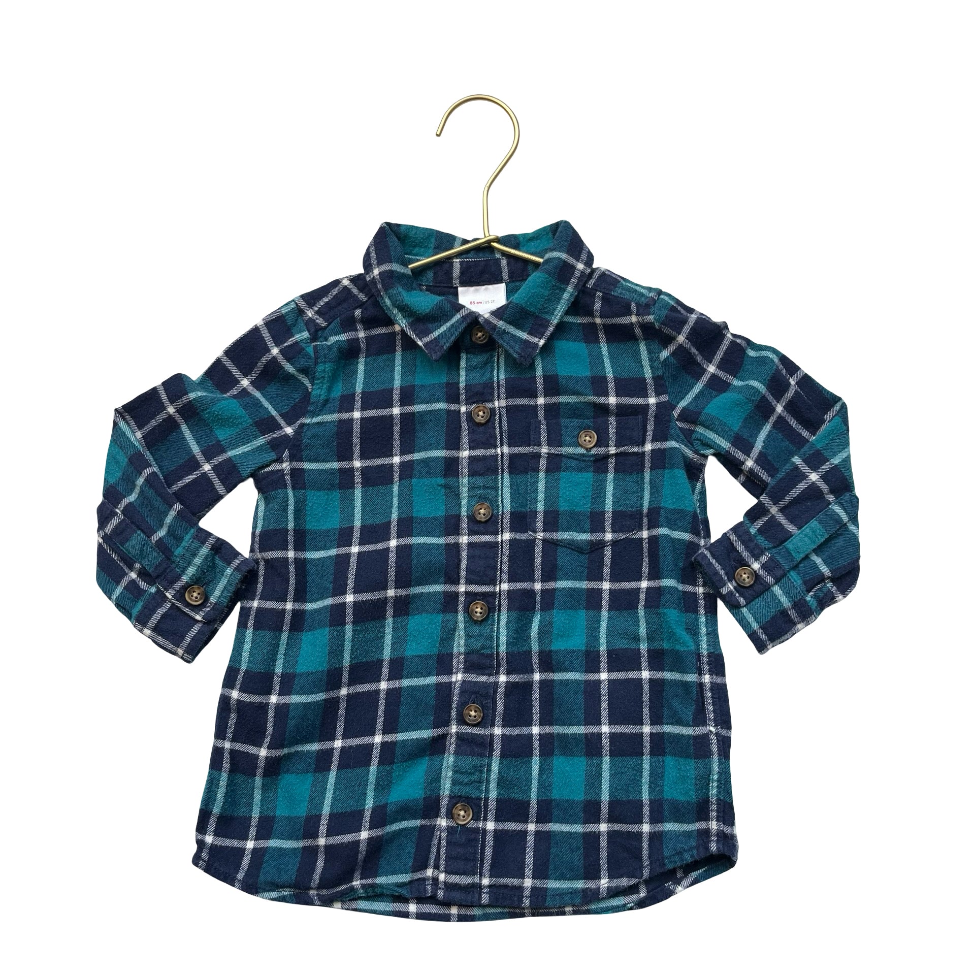 Hanna Andersson Teal & Navy Plaid Flannel Button Down Shirt - Size 2T