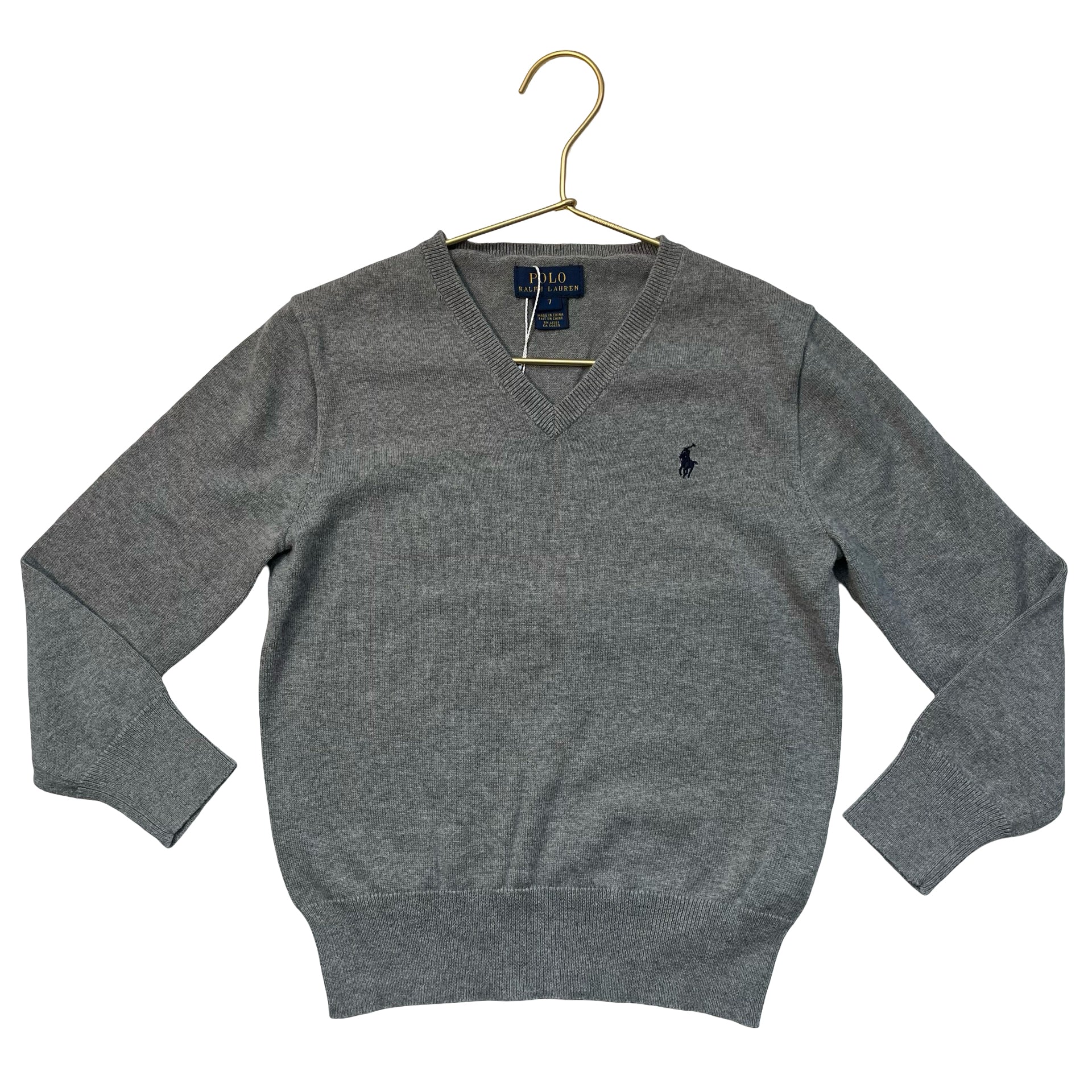 Polo Ralph Lauren Gray V-Neck Cotton Sweater, Elbow Patches - Size 7