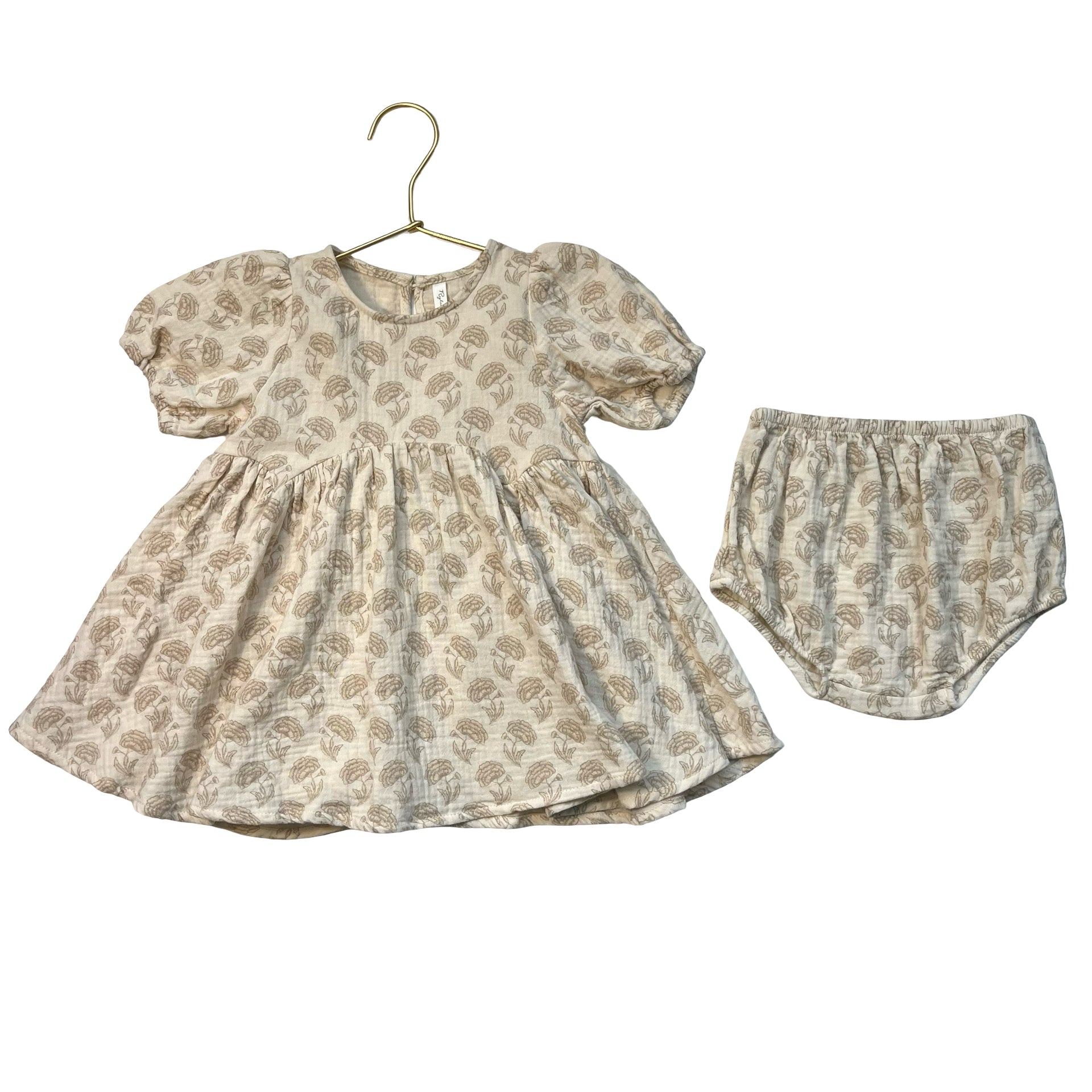 Rylee & Cru Ivory & Tan Flower Print Cotton Gauze Dress & Bloomers - 12-18 Mo