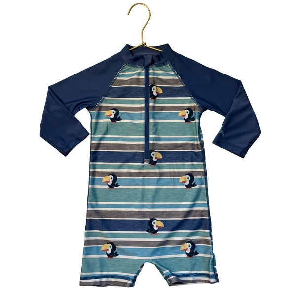 UV Skinz Blue Striped Bird Print Rash Guard Swim Suit Romper - Size 2T