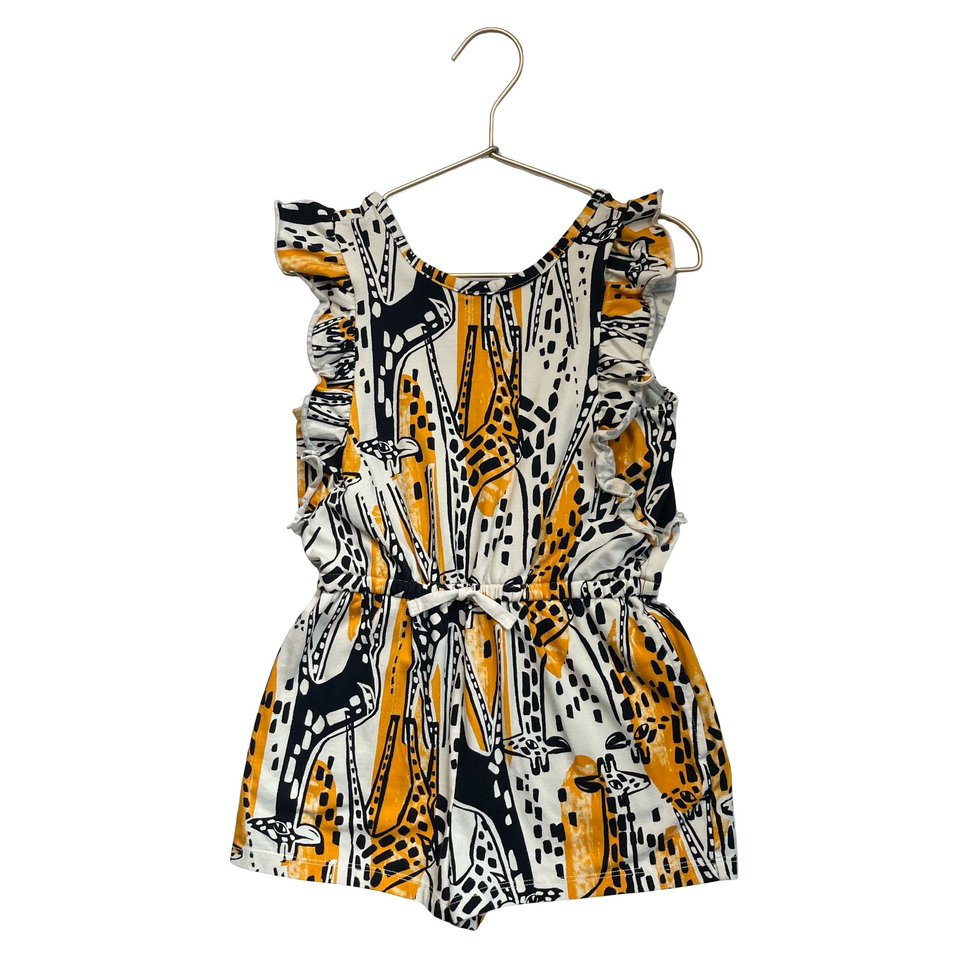 Tea Collection Ivory, Yellow, Black Giraffe Print Romper - Size 6