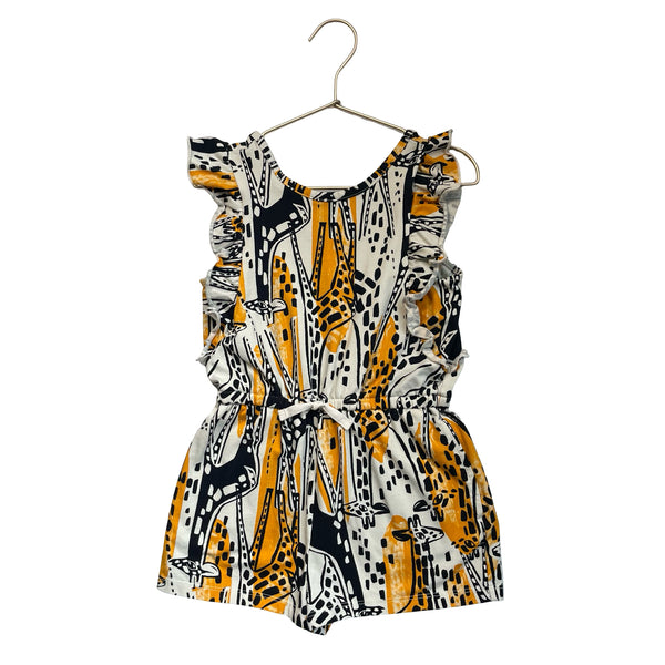 Tea Collection Ivory, Yellow, Black Giraffe Print Romper - Size 6