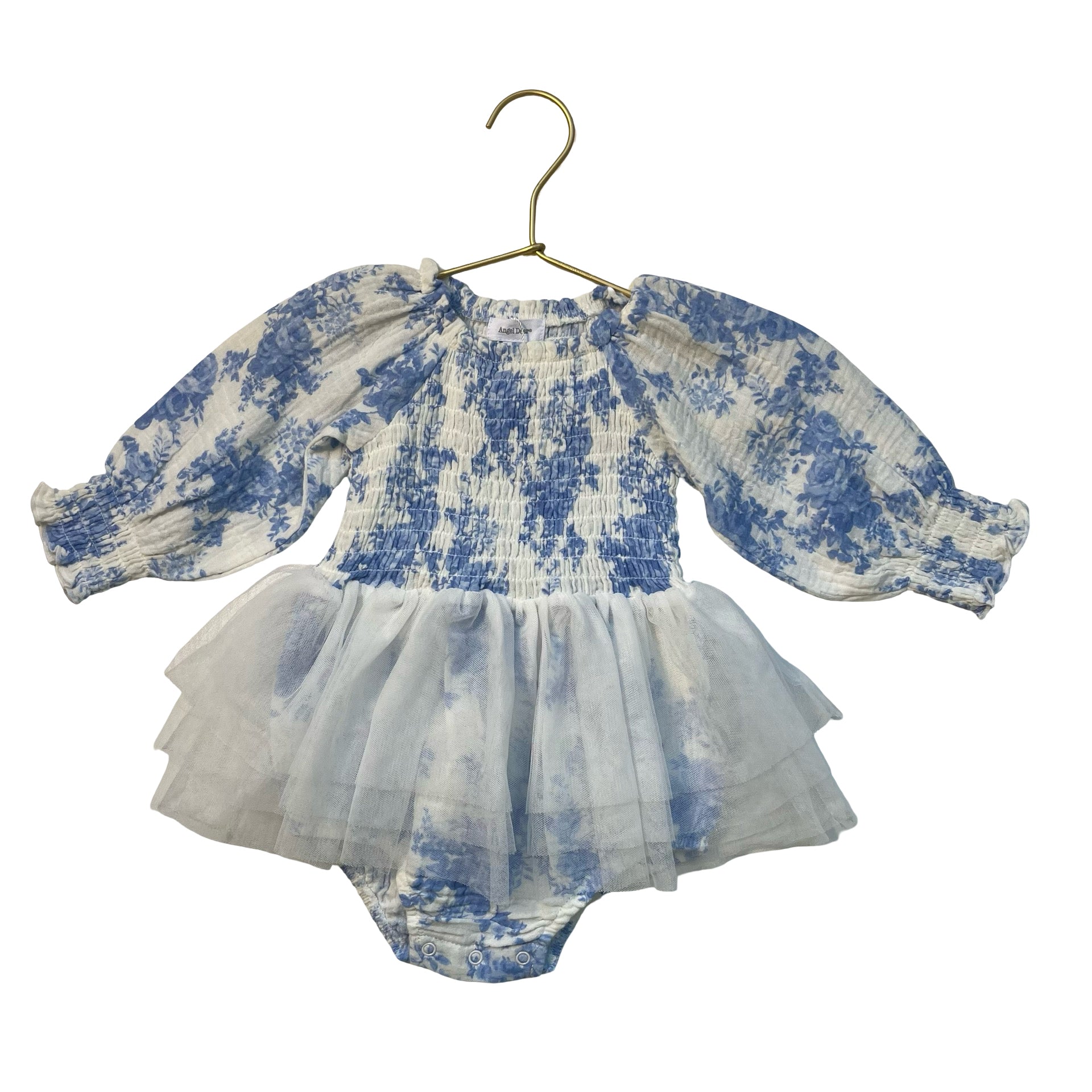 Angel Dear White & Blue Floral & Tulle Bodysuit Dress - Size 6-12 Mo