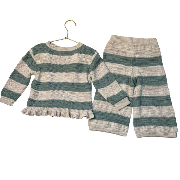 Jessica Simpson Ivory & Green Striped Cotton Knit Sweater & Pants Set - Size 2T