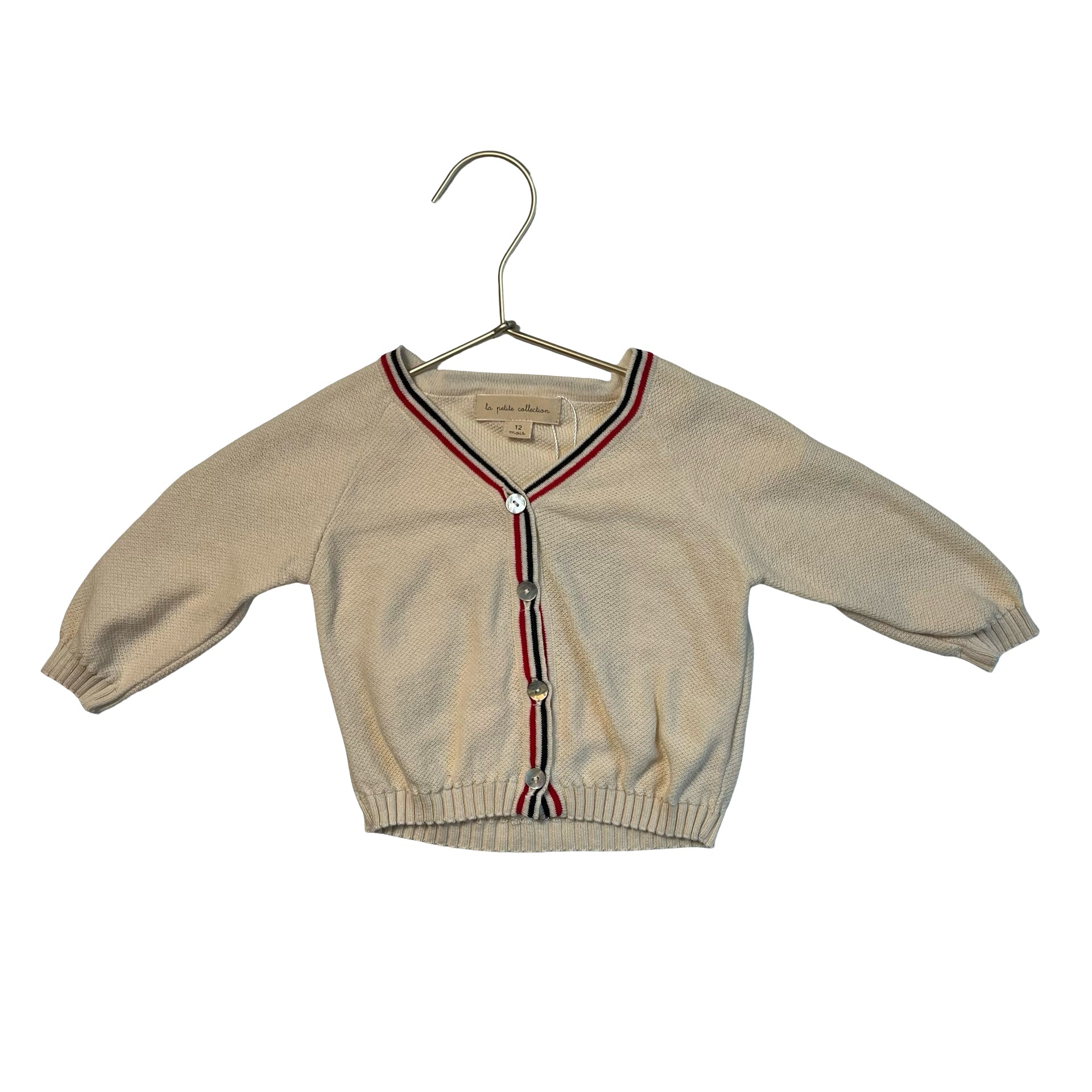 La Petite Collection Ivory V-Neck Red & Navy Trim Cotton Cardigan - Size 12 Mo
