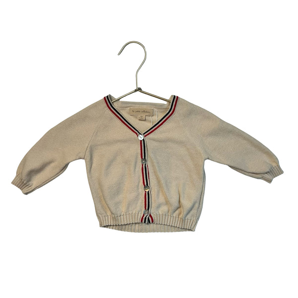 La Petite Collection Ivory V-Neck Red & Navy Trim Cotton Cardigan - Size 12 Mo