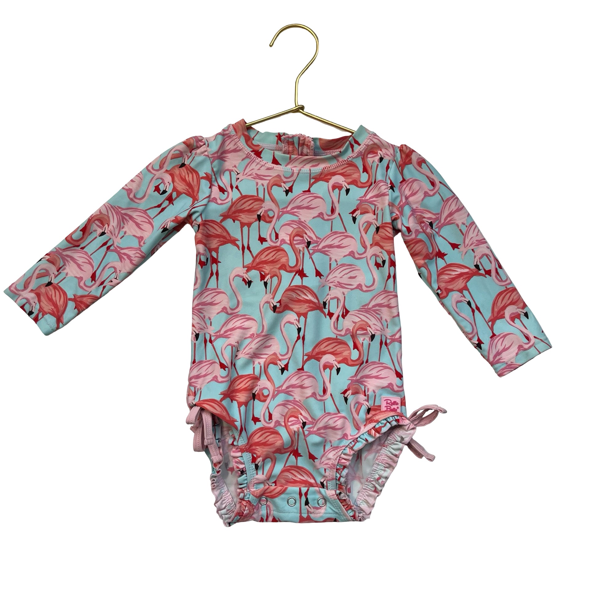 Ruffle Butts Light Blue & Pink Flamingo Print Swim Suit - Size 12-18 Mo