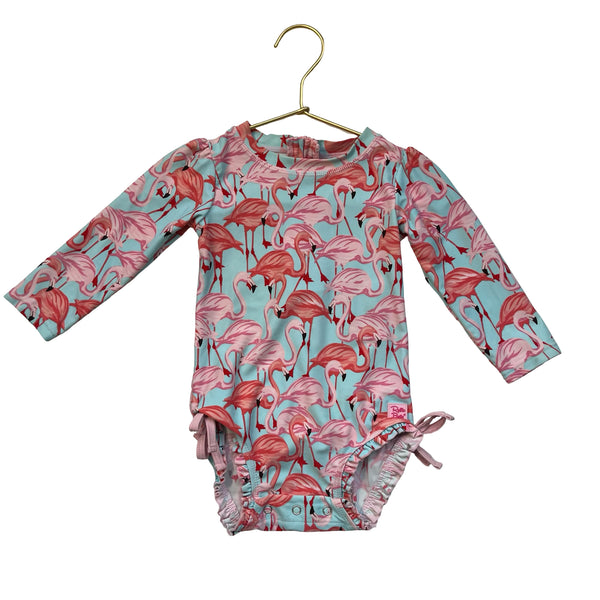 Ruffle Butts Light Blue & Pink Flamingo Print Swim Suit - Size 12-18 Mo