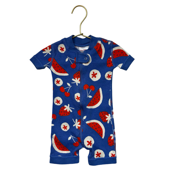 Hanna Andersson Blue & Red Fruit Print One-Piece Romper PJ - Size 3-6 Mo