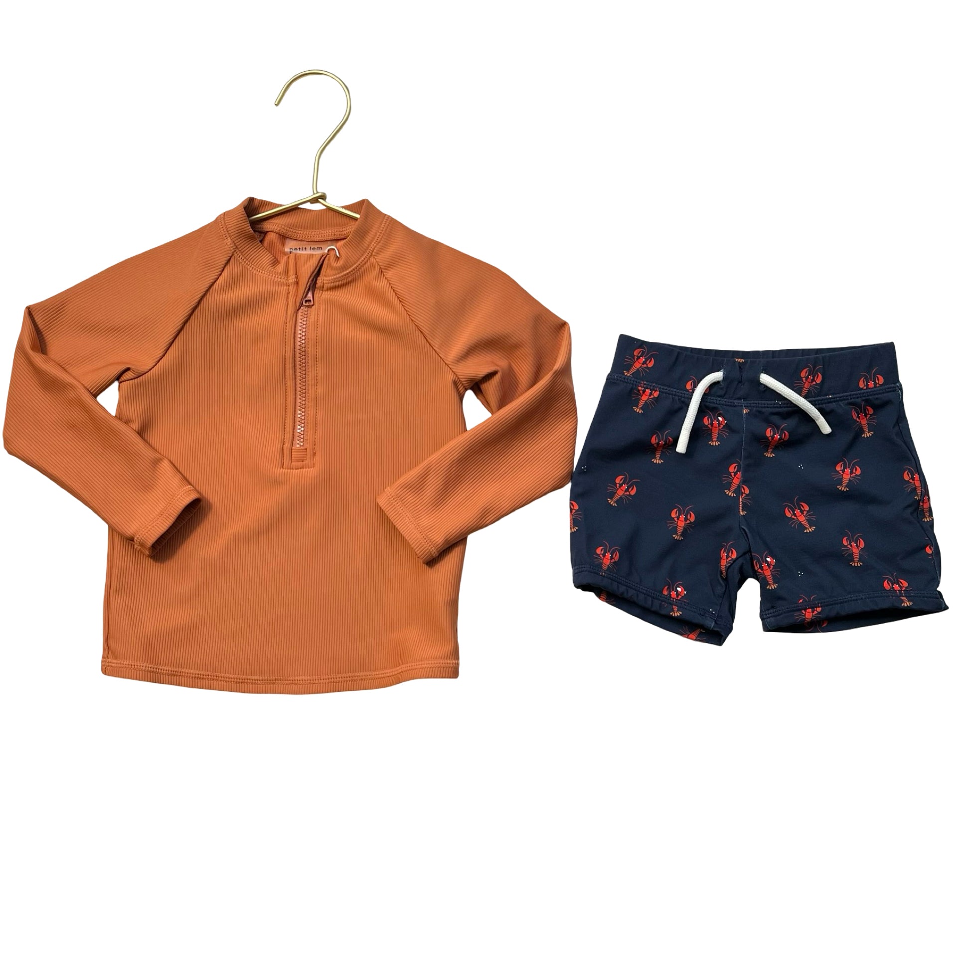 Petit Lem Orange Ribbed Rash Guard & Navy Lobster Swim Suit - Size 12-18 Mo