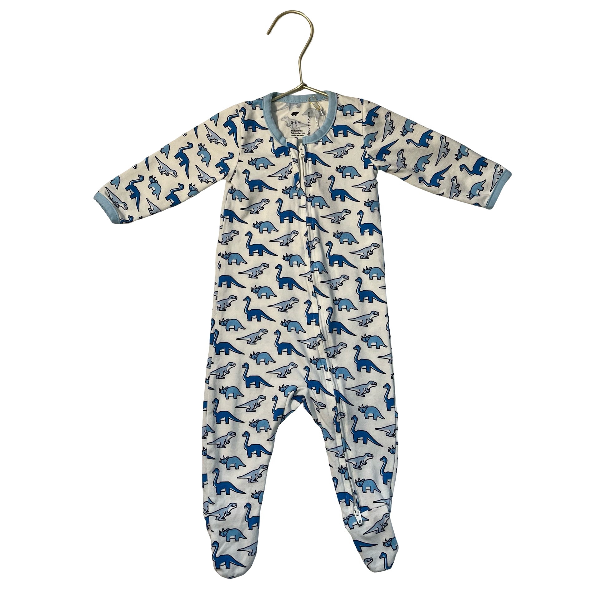 Monica + Andy Ivory & Blue Dino Print Footed One-Piece PJs - Size 3-6 Mo