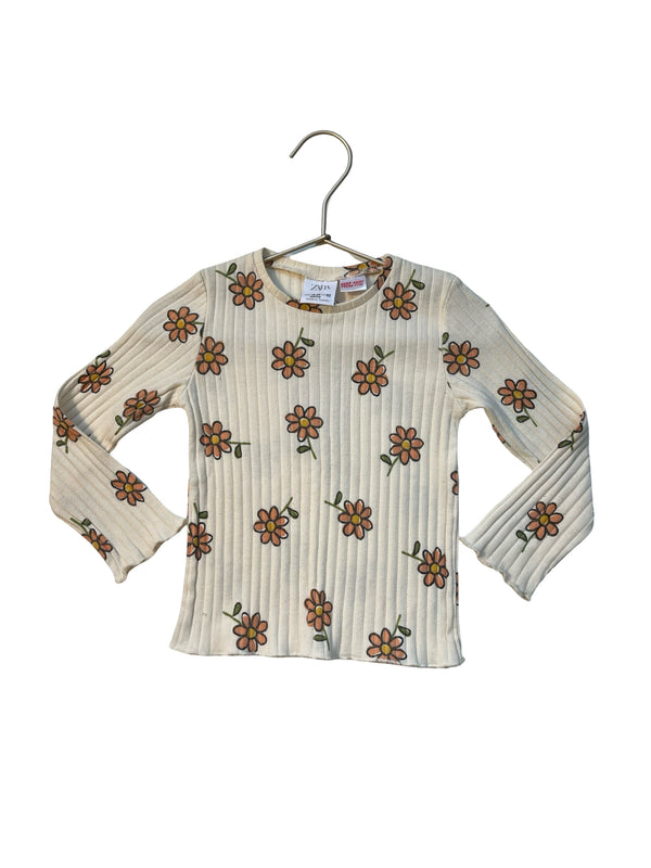 Zara Ivory Flower Print Ribbed Shirt - Size 18-24 Mo