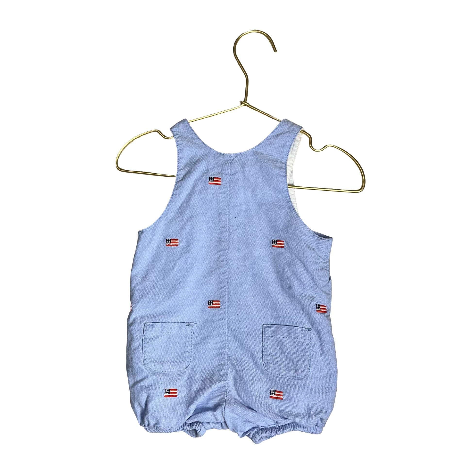 Janie and Jack Blue Oxford Cloth Embroidered Flag Shortall Romper - Size 6-12 Mo