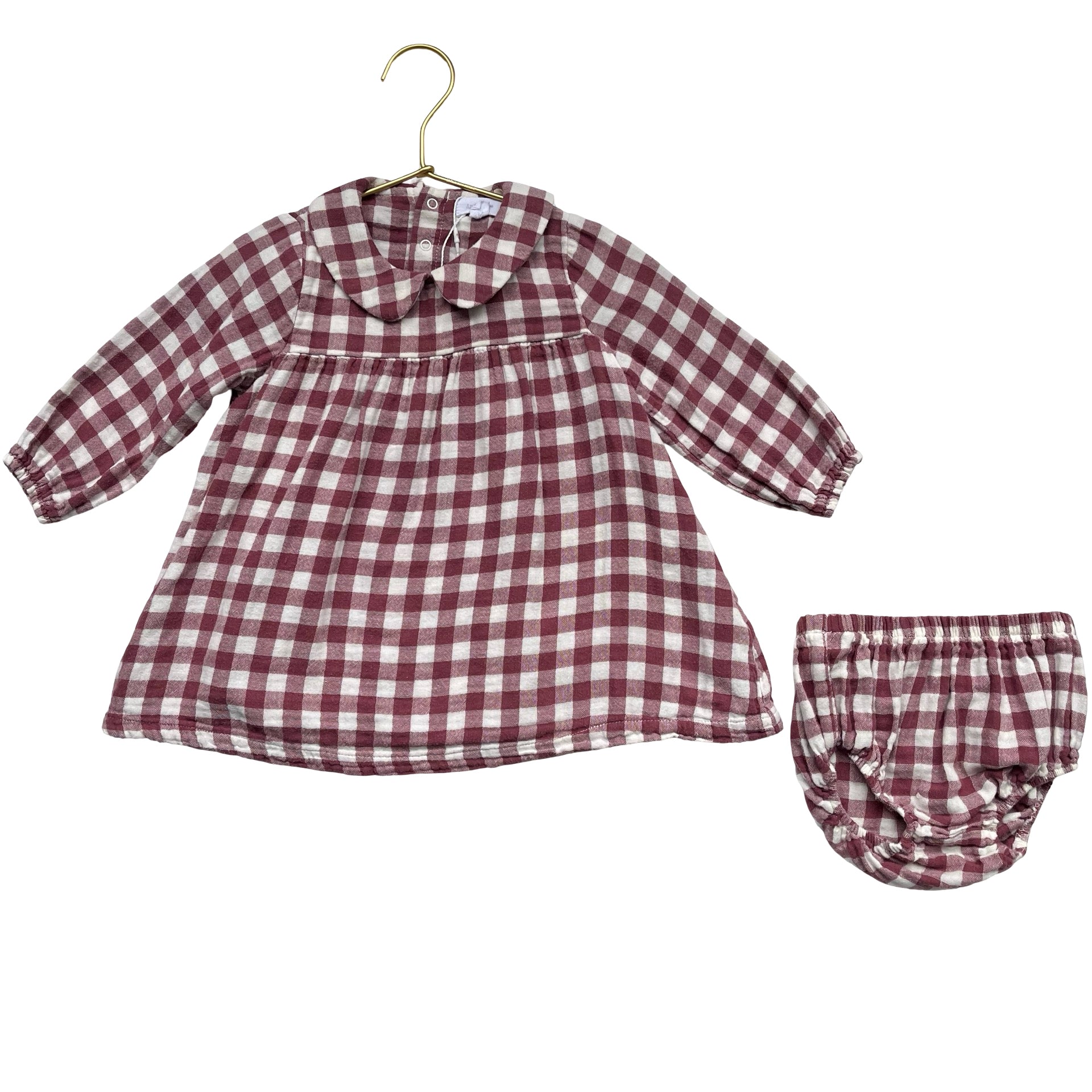 Angel Dear Plum & Ivory Check Dress & Bloomer - Size 12-18 Months