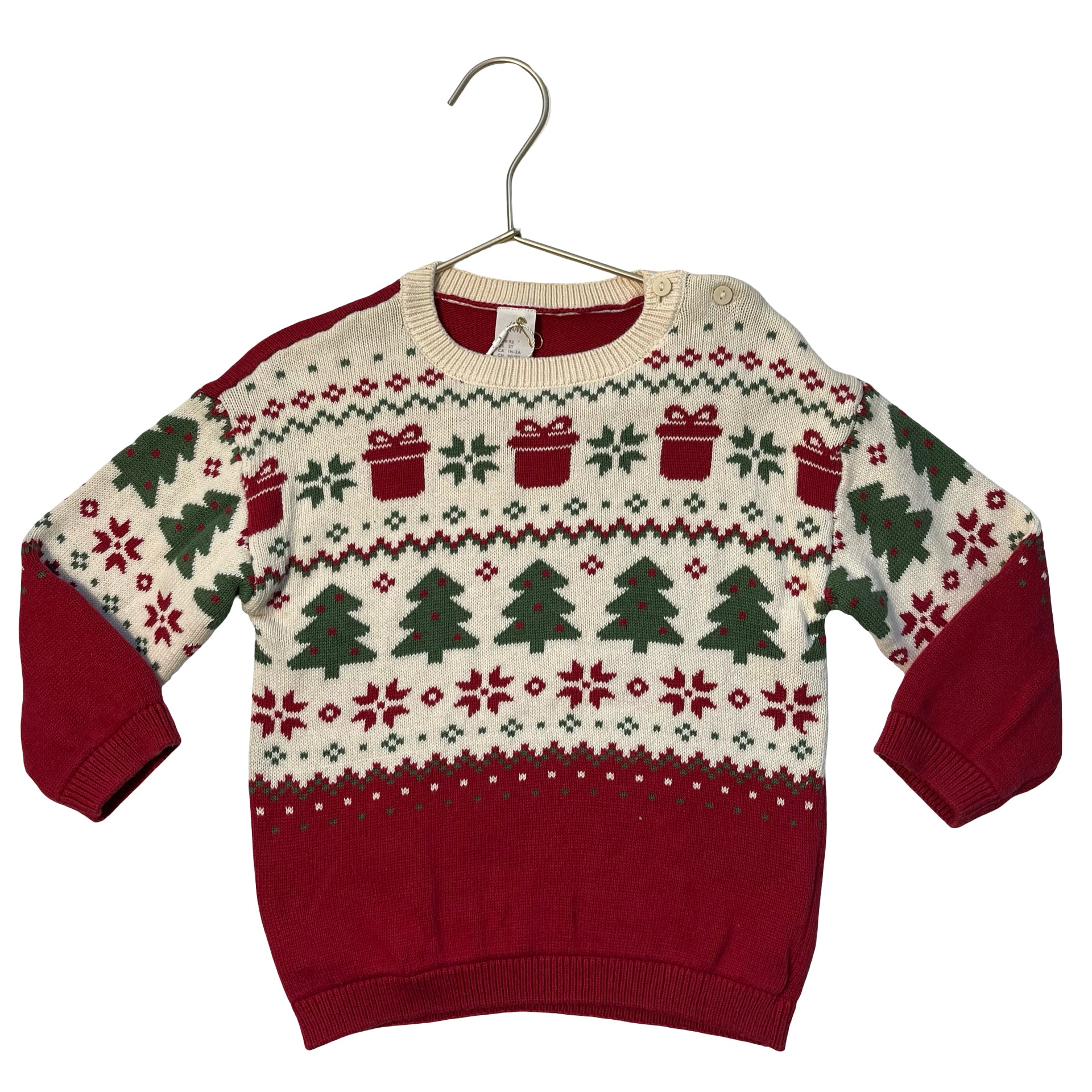 H&M Ivory, Red, Green Christmas Pattern Cotton Sweater - Size 2T