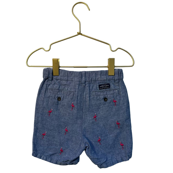 Janie and Jack Chambray & Pink Embroidered Flamingo Shorts - Size 18-24 Mo