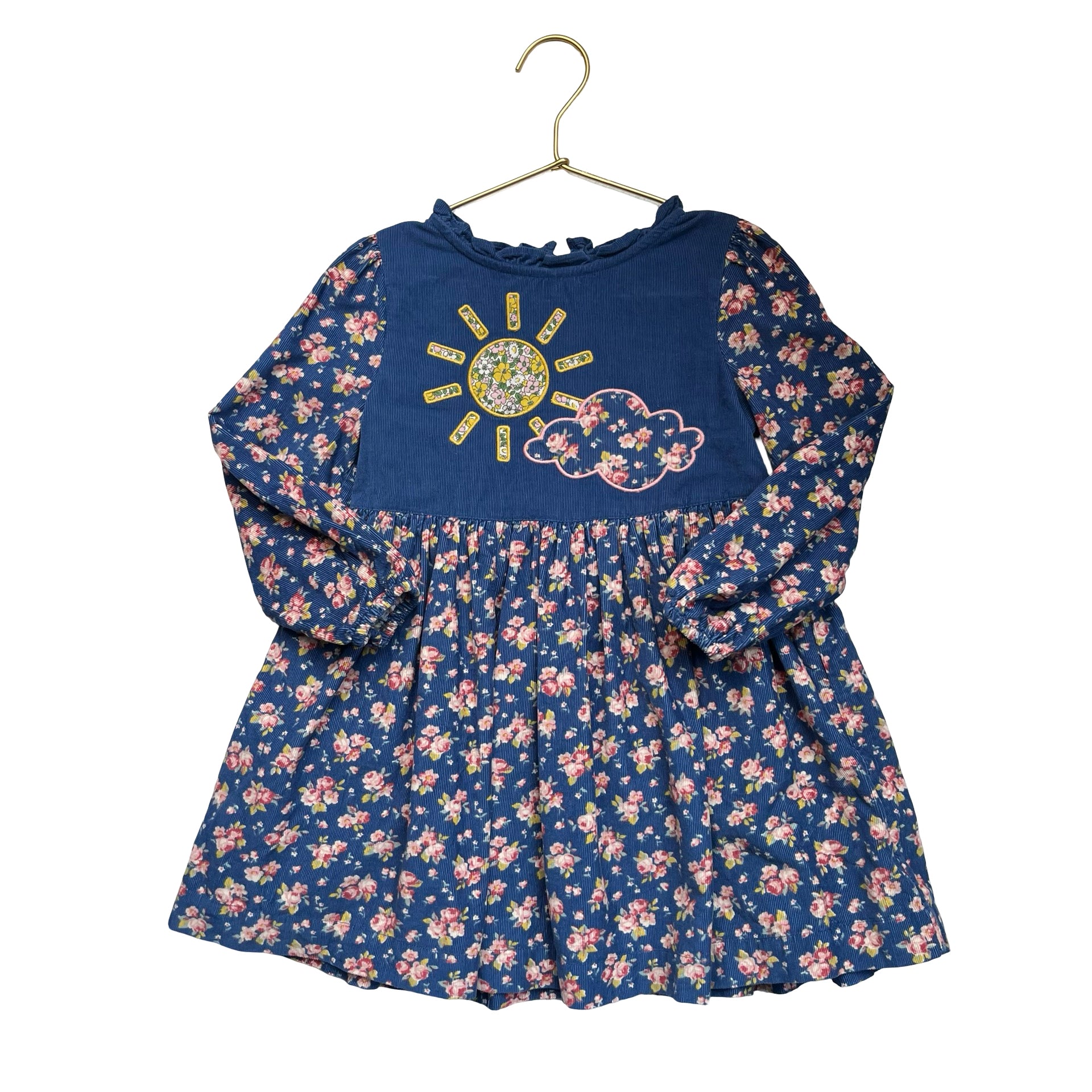 Mini Boden Blue Floral Corduroy & Applique Dress - Size 4-5Y