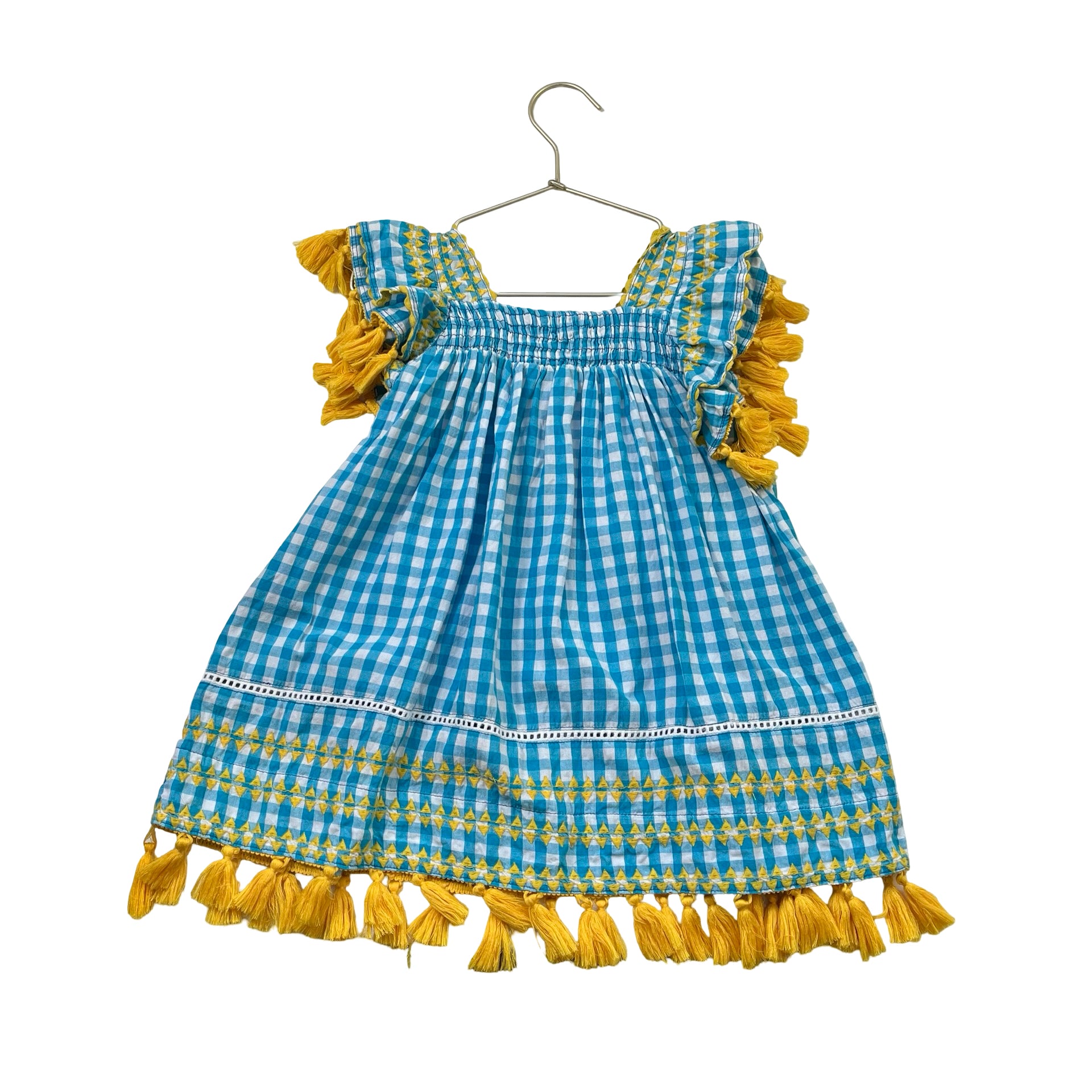 Mer St. Barth Blue Check & Yellow Tassel Dress - Size 2