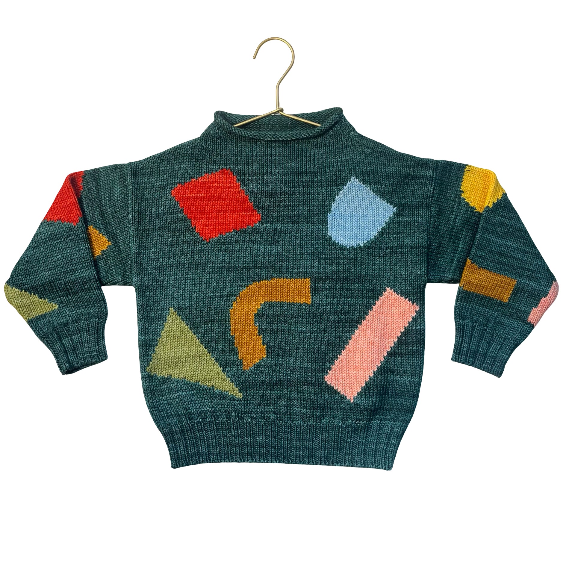 Misha & Puff Green & Multi-Color Shape Roll-Neck 100% Merino Wool Sweater - 6-7Y
