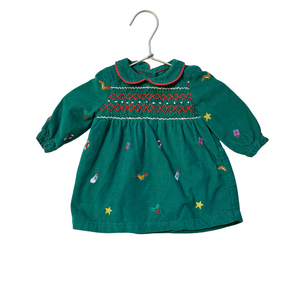 Baby Boden Green Corduroy Smocked & Embroidered Christmas Dress - Size 0-3 Mo