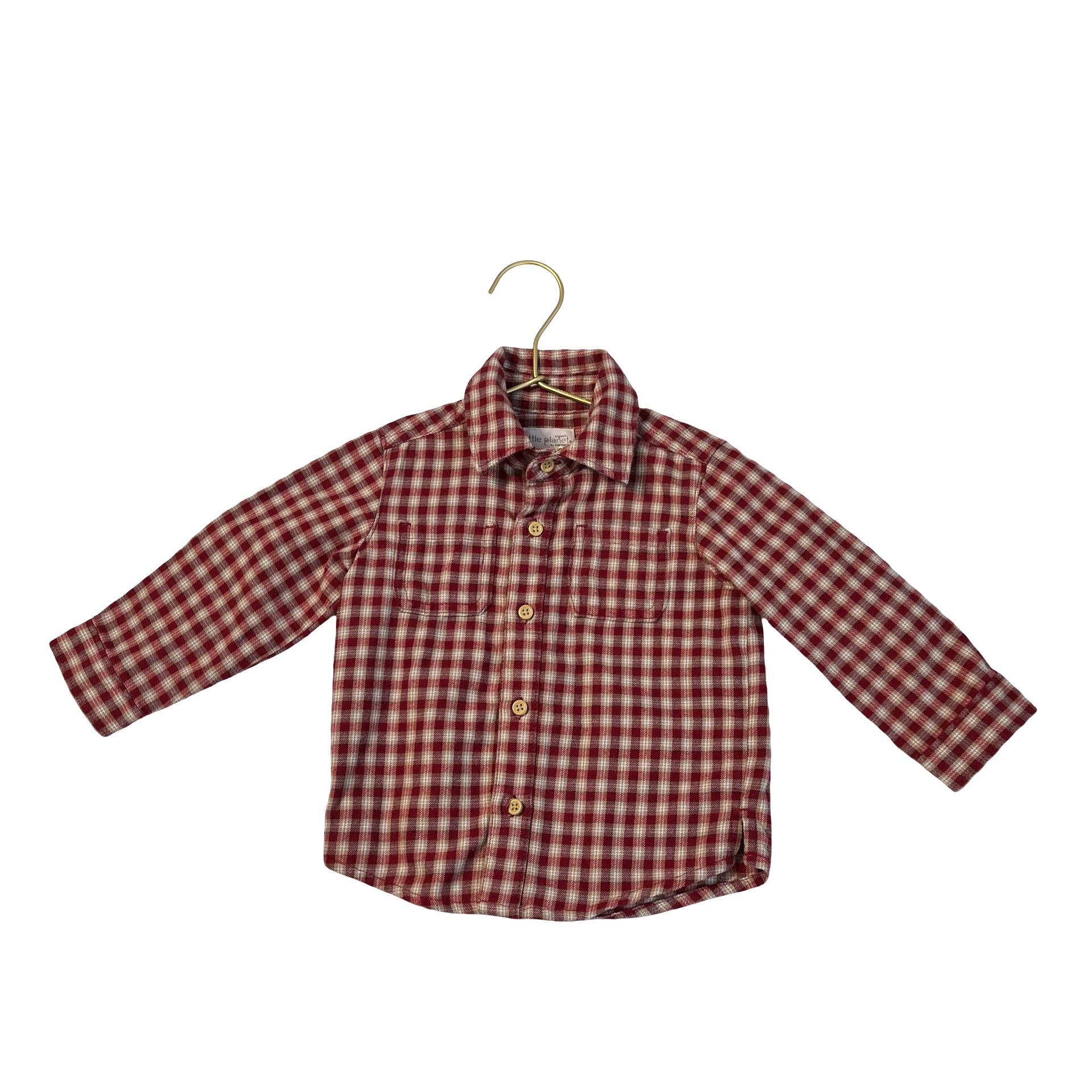 Carter's Little Planet Red, Ivory, Tan Plaid Flannel Button Down - Size 18 Mo