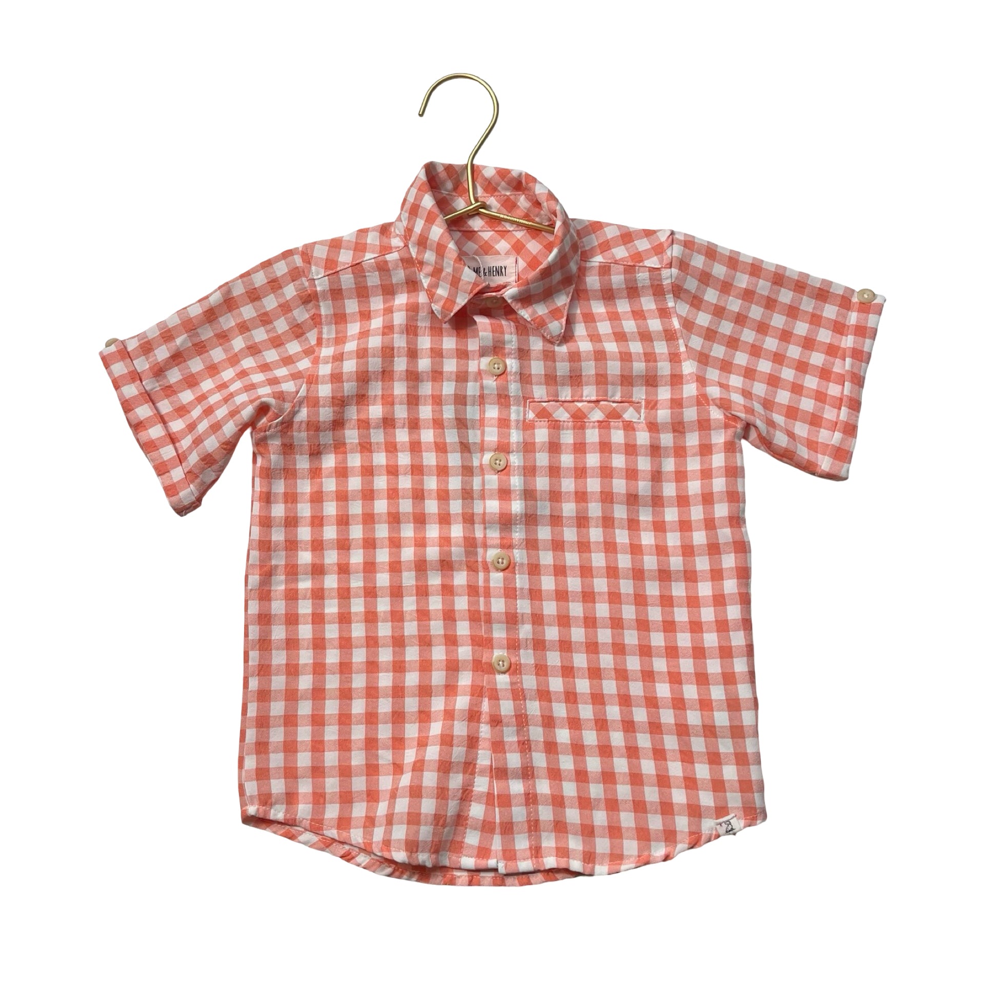 Me & Henry Peach & Ivory Gingham Button Down Shirt - Size 3/4