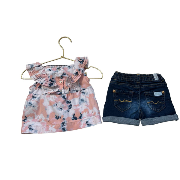 7 For All Mankind Pink Tie Dye Blouse & Denim Shorts Set - Size 12 Mo - Bounce Mkt