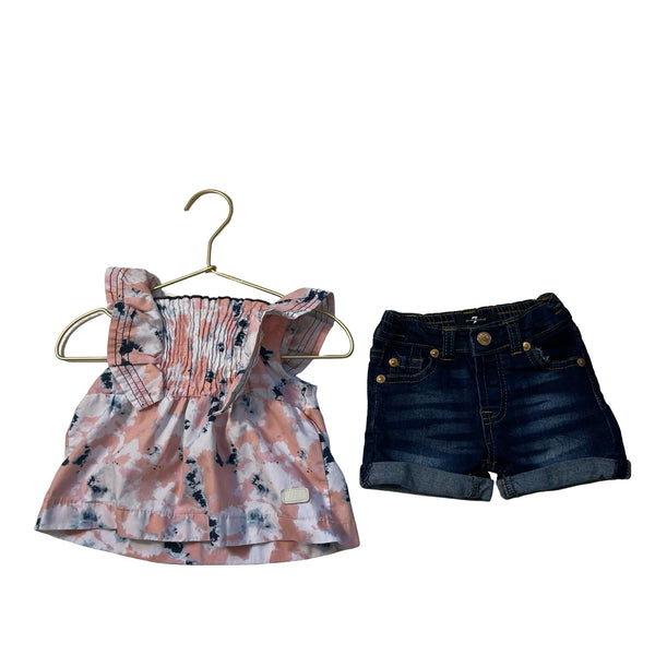 7 For All Mankind Pink Tie Dye Blouse & Denim Shorts Set - Size 12 Mo - Bounce Mkt