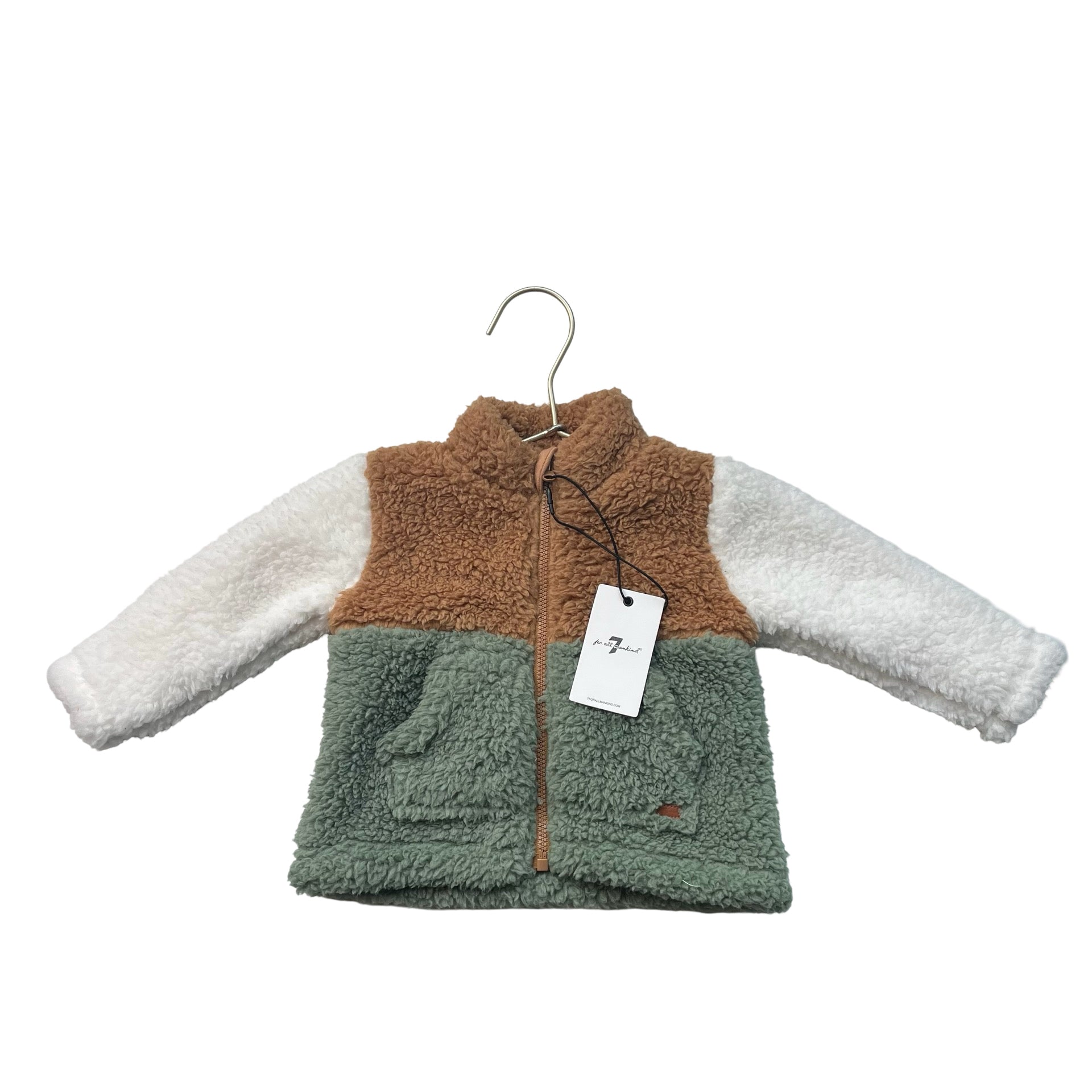 7 For All Mankind Sage Green, Brown, Ivory Sherpa Jacket with Tags - Size 3 - 6 Mo - Bounce Mkt