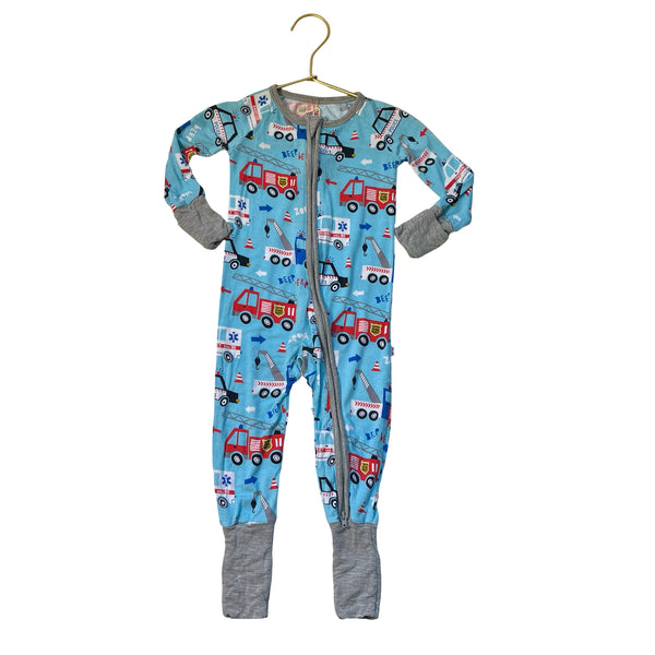 Little Sleepies Blue Emergency Vehicle Print One-Piece PJs - Size 6-12 Mo