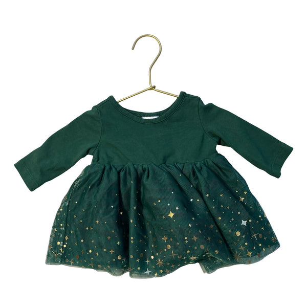 Hanna Andersson Green & Gold Foil Tulle Dress - Size 0-3 Mo