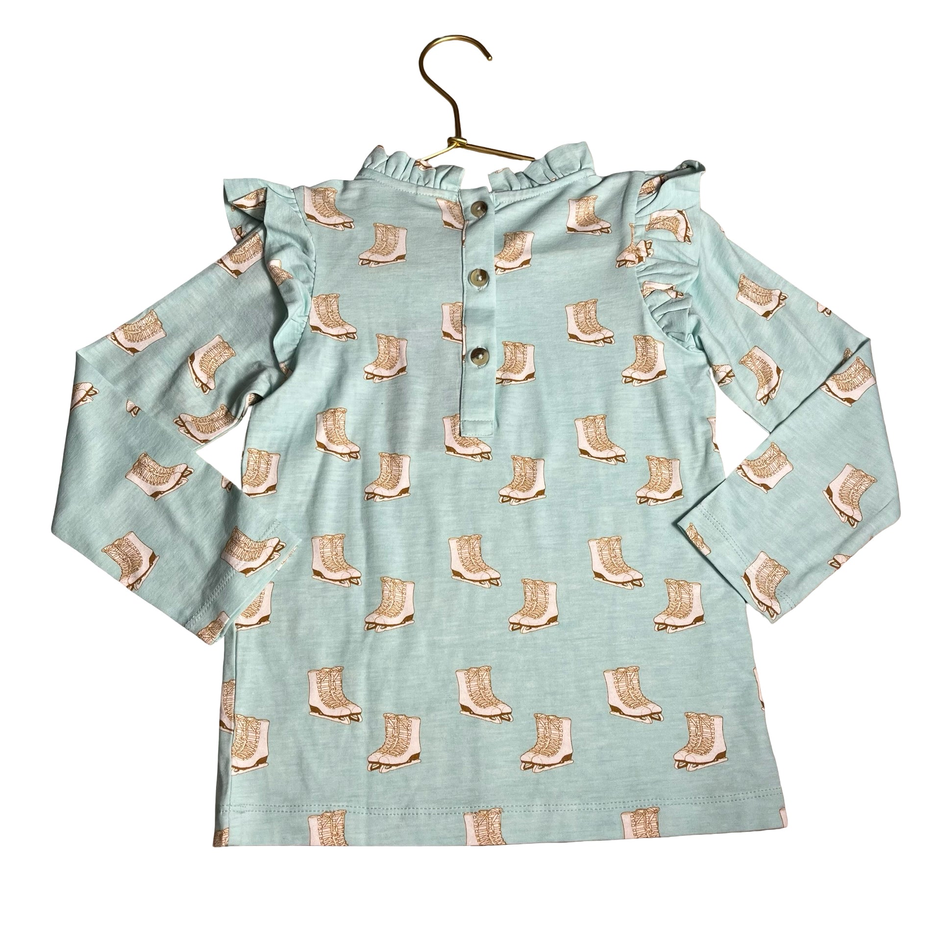 Kate Quinn Teal Ice-Skate Print Ruffle Shirt - Size 5Y