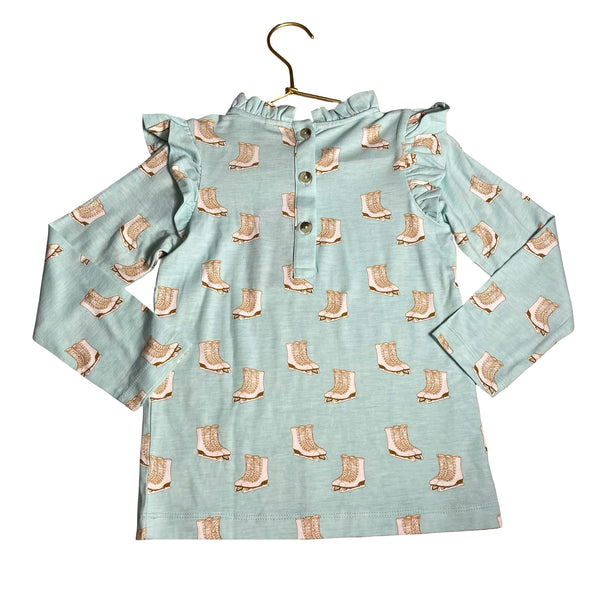 Kate Quinn Teal Ice-Skate Print Ruffle Shirt - Size 5Y