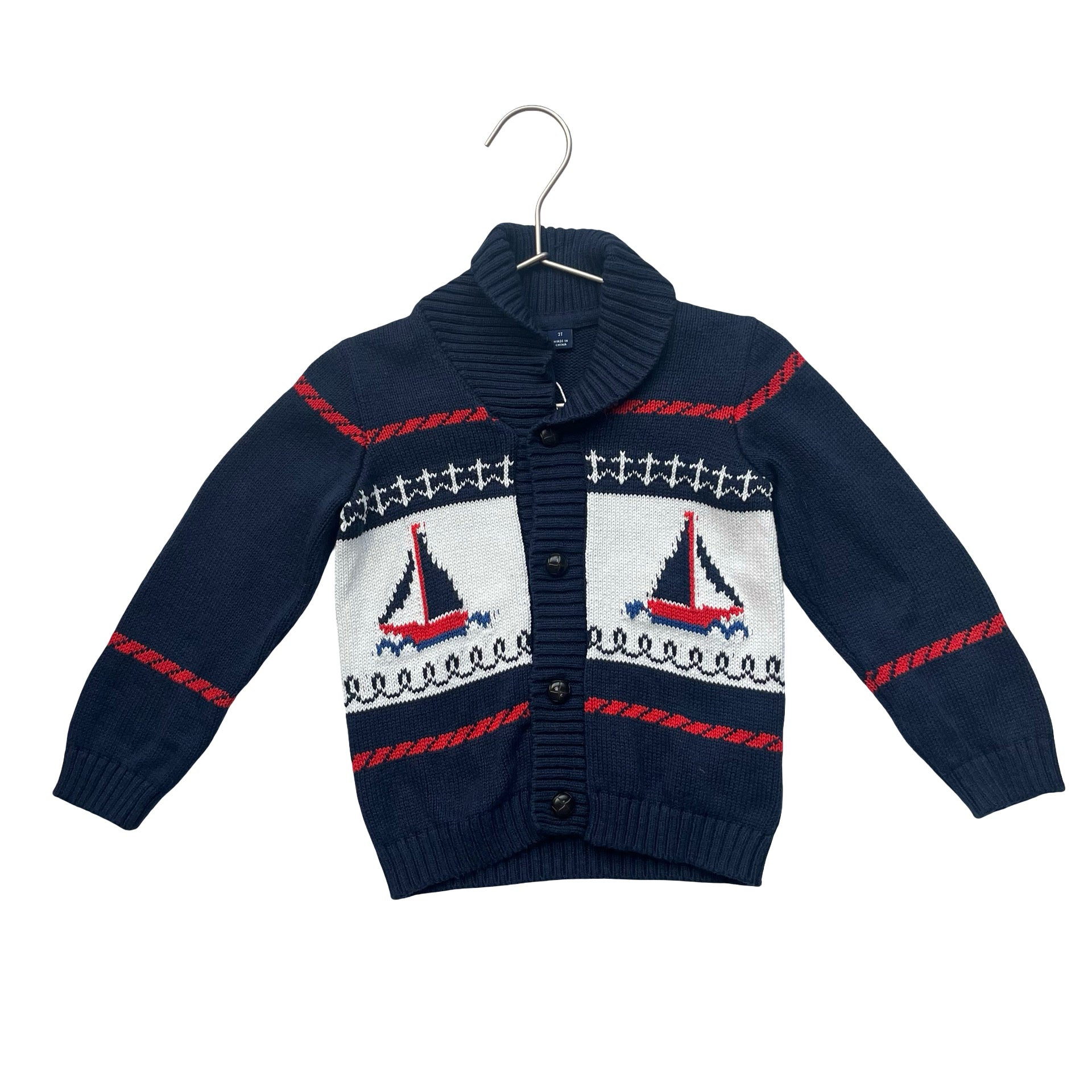 Janie and Jack Navy, White, Red Sailboat Shawl-Neck Cardigan Sweater - Size 2T
