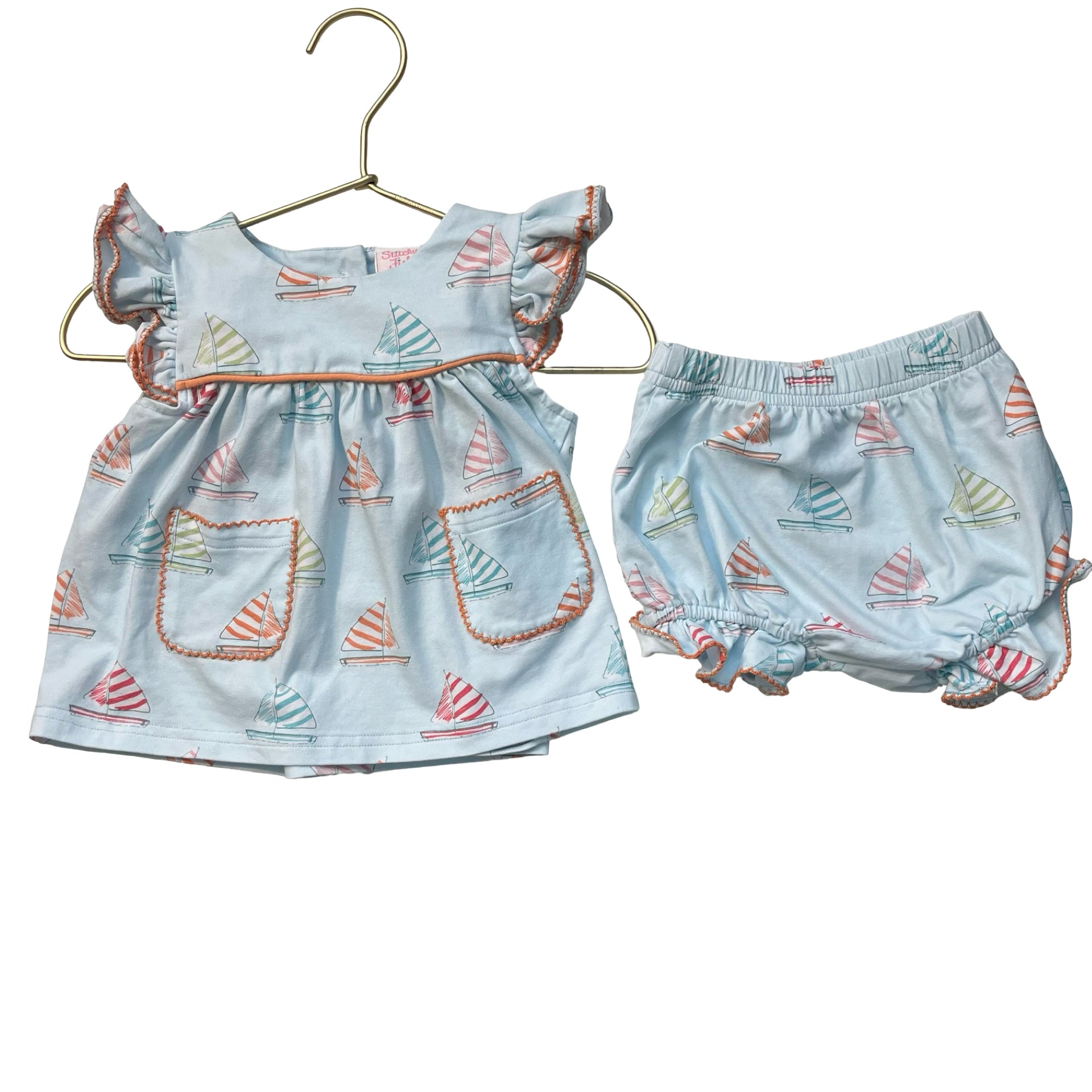 Stitchy Fish Light Blue Sailboat Print Top & Bubble Shorts Set - Size 9 Mo