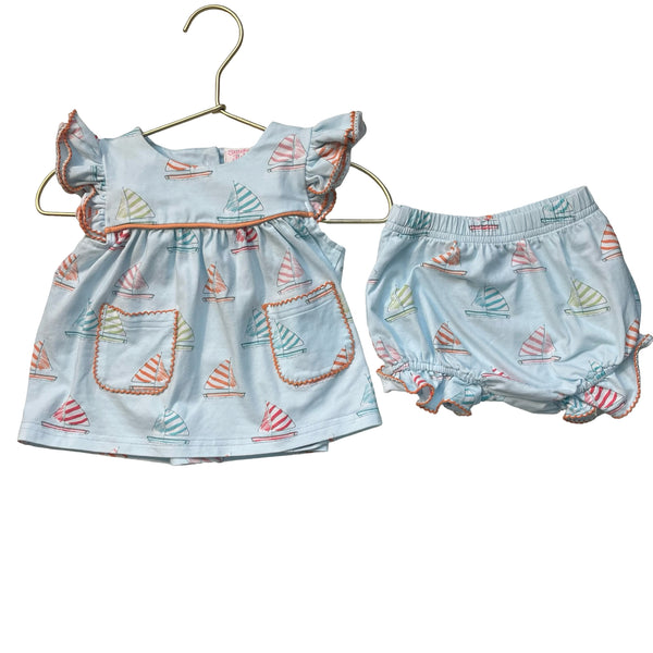 Stitchy Fish Light Blue Sailboat Print Top & Bubble Shorts Set - Size 9 Mo
