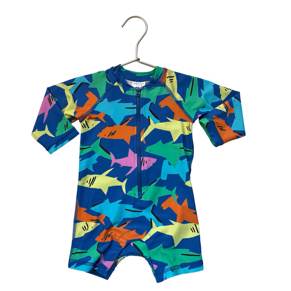 Hanna Andersson Blue & Multi-Color Shark Print Swim Suit Romper - Size 6-12 Mo
