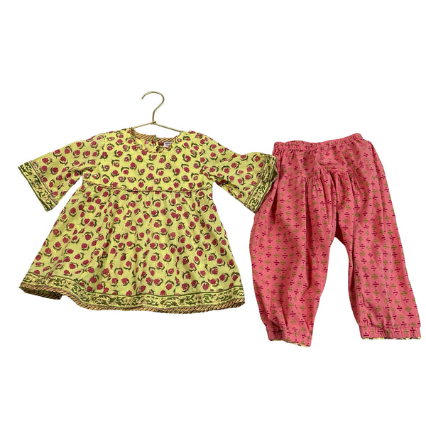 FabIndia Yellow Floral Top & Pink Print Pants Set - Size 18-24 Mo