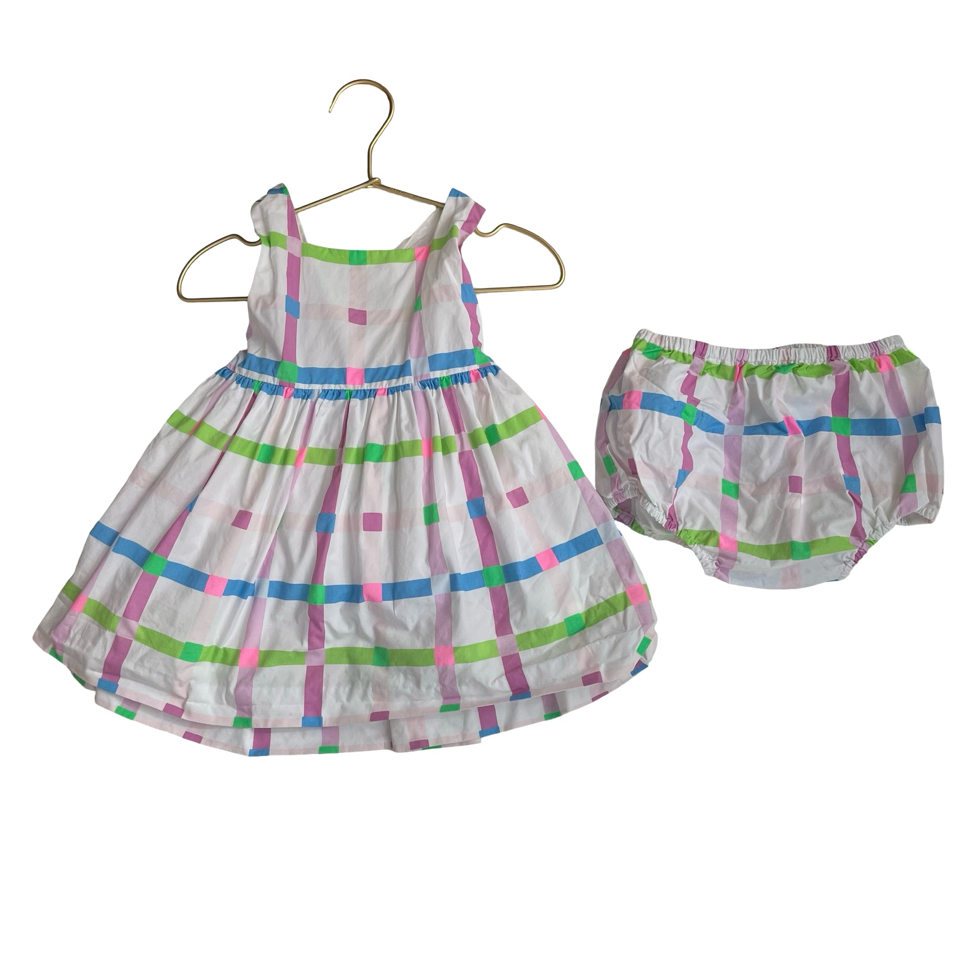 Jacadi White & Pastel Plaid Dress & Bloomers - Size 24 Mo