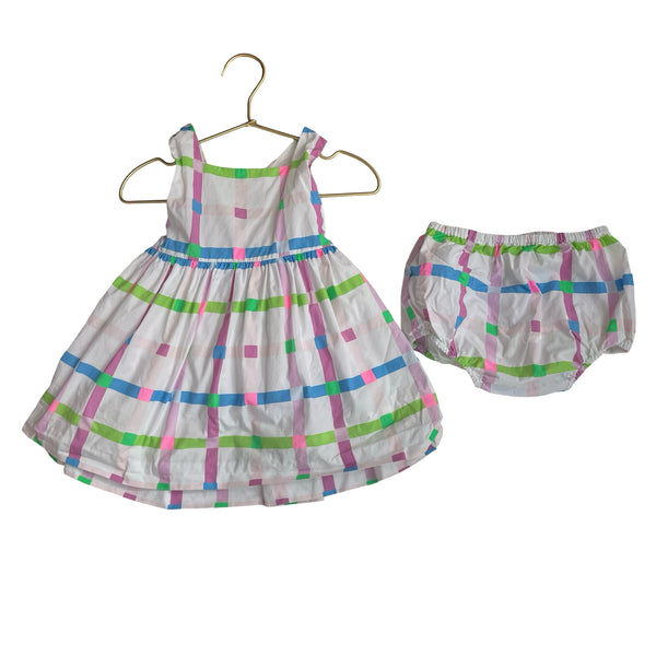 Jacadi White & Pastel Plaid Dress & Bloomers - Size 24 Mo