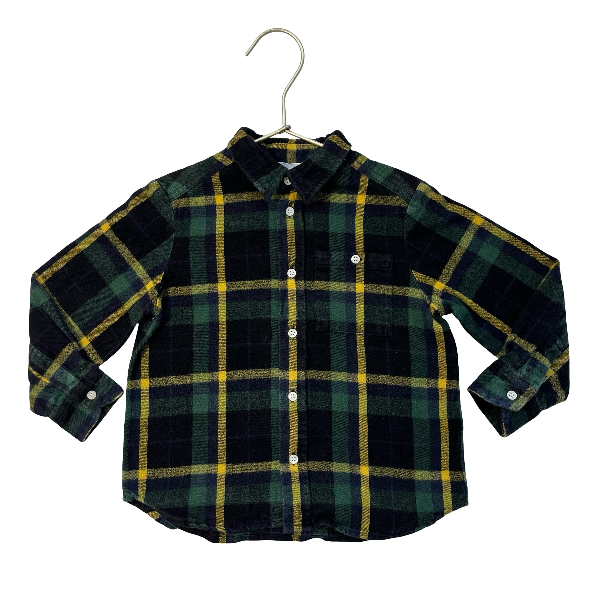 Bonpoint Green, Yellow, Black, Navy Plaid Flannel Button Down - Size 4A