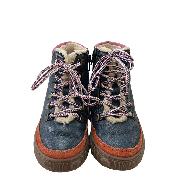 Mini Boden Navy & Colorful Leather Faux Fur Lined Boots - Size 32 (1Y Big Kid)