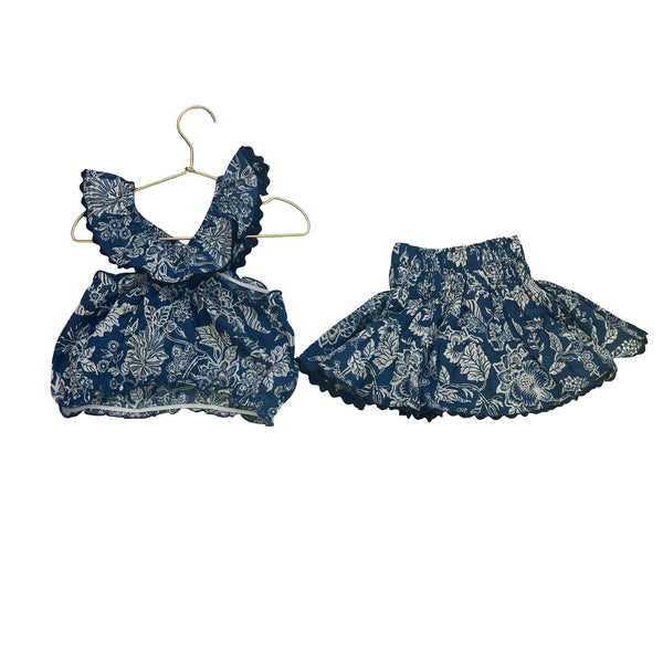 Popie's Bordeaux Navy & Ivory Floral Top & Skirt Set - Size XS 4