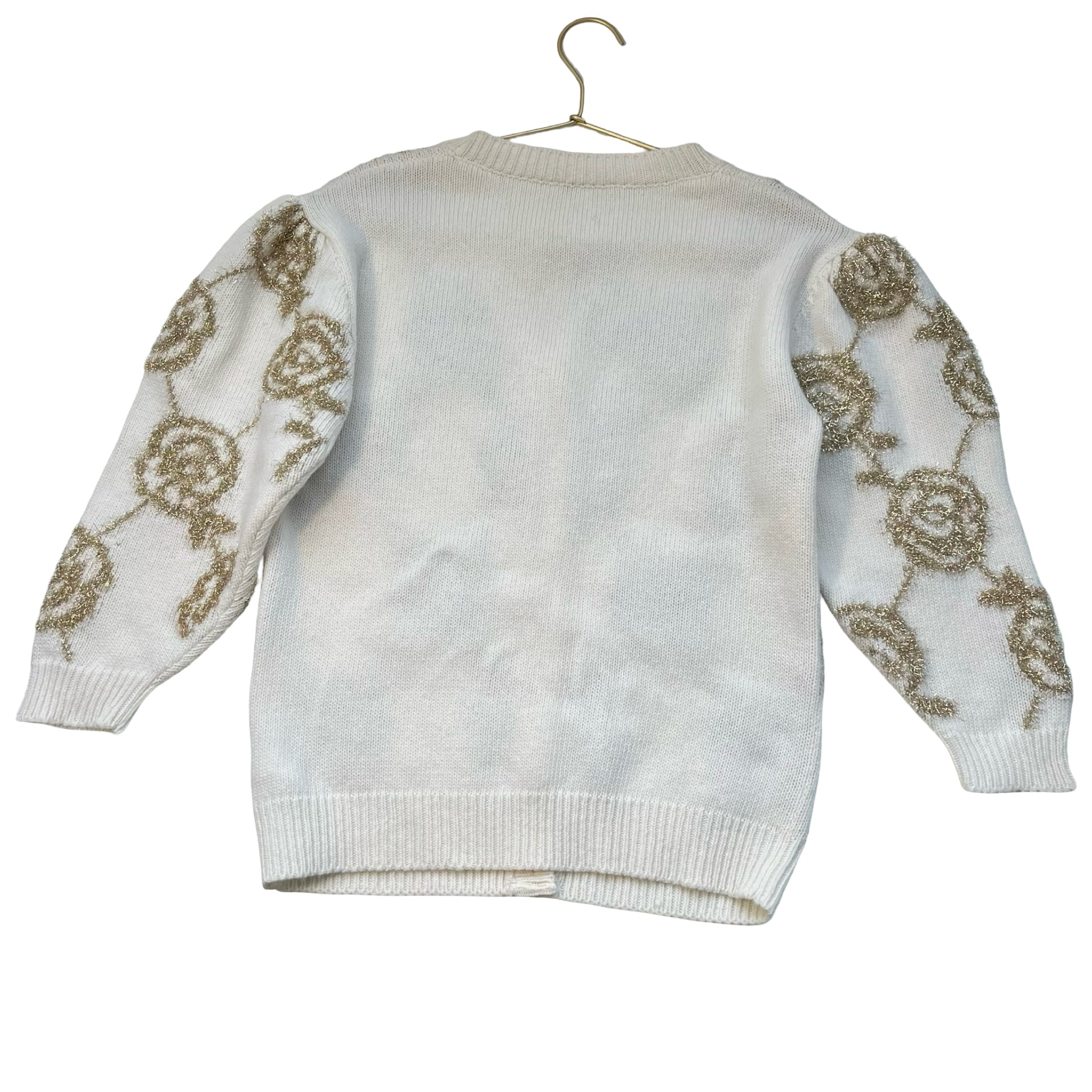 Monnalisa Ivory 100% Wool & Gold Metallic Pattern V-Neck Cardigan Sweater - 10
