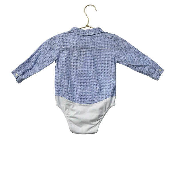 Leon Blue & White Geo Pattern Button Down Bodysuit Shirt - Size 18-24 Mo