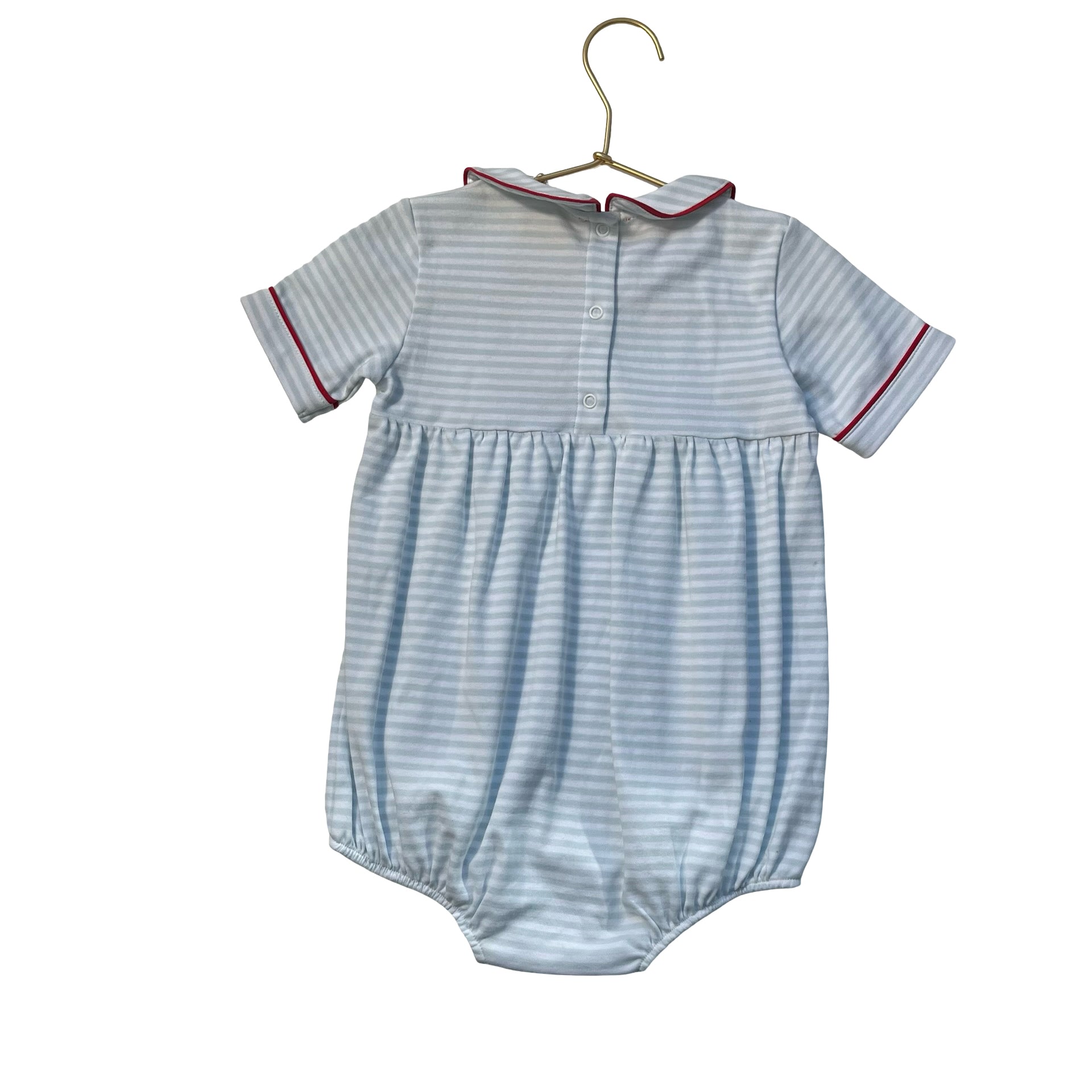 The Beaufort Bonnet Company Light Blue Striped Bubble Romper, Red Trim - Size 3T