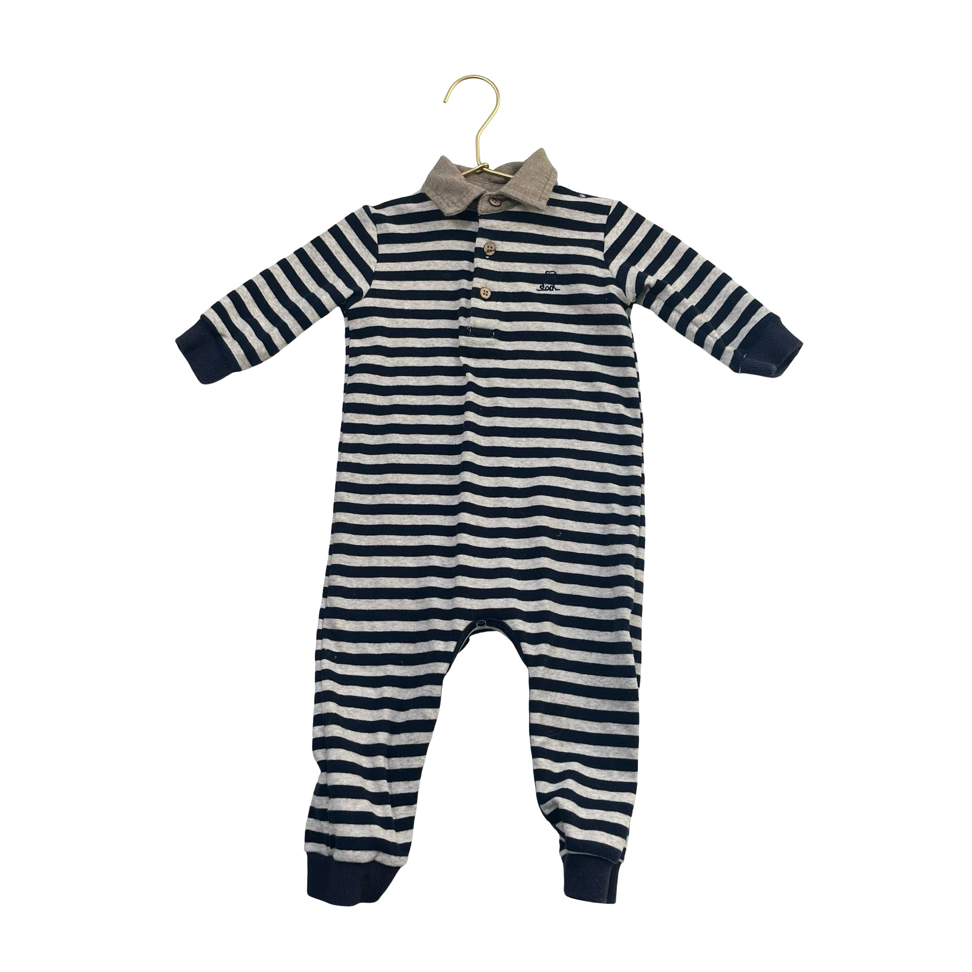 Me & Henry Navy & Oatmeal Striped Polo One-Piece - Size 9-12 Mo