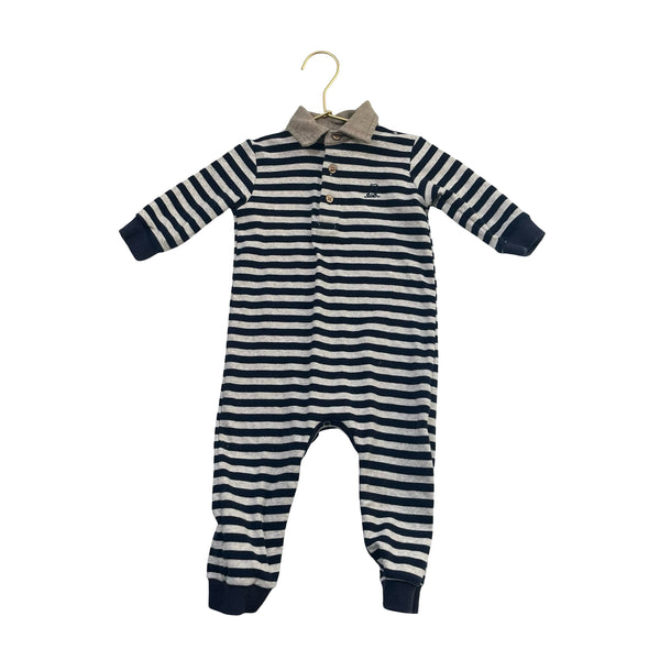 Me & Henry Navy & Oatmeal Striped Polo One-Piece - Size 9-12 Mo